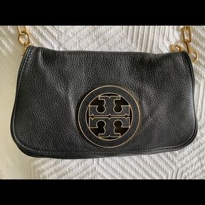Tory Burch Black Leather Logo Clutch + Gold Chain